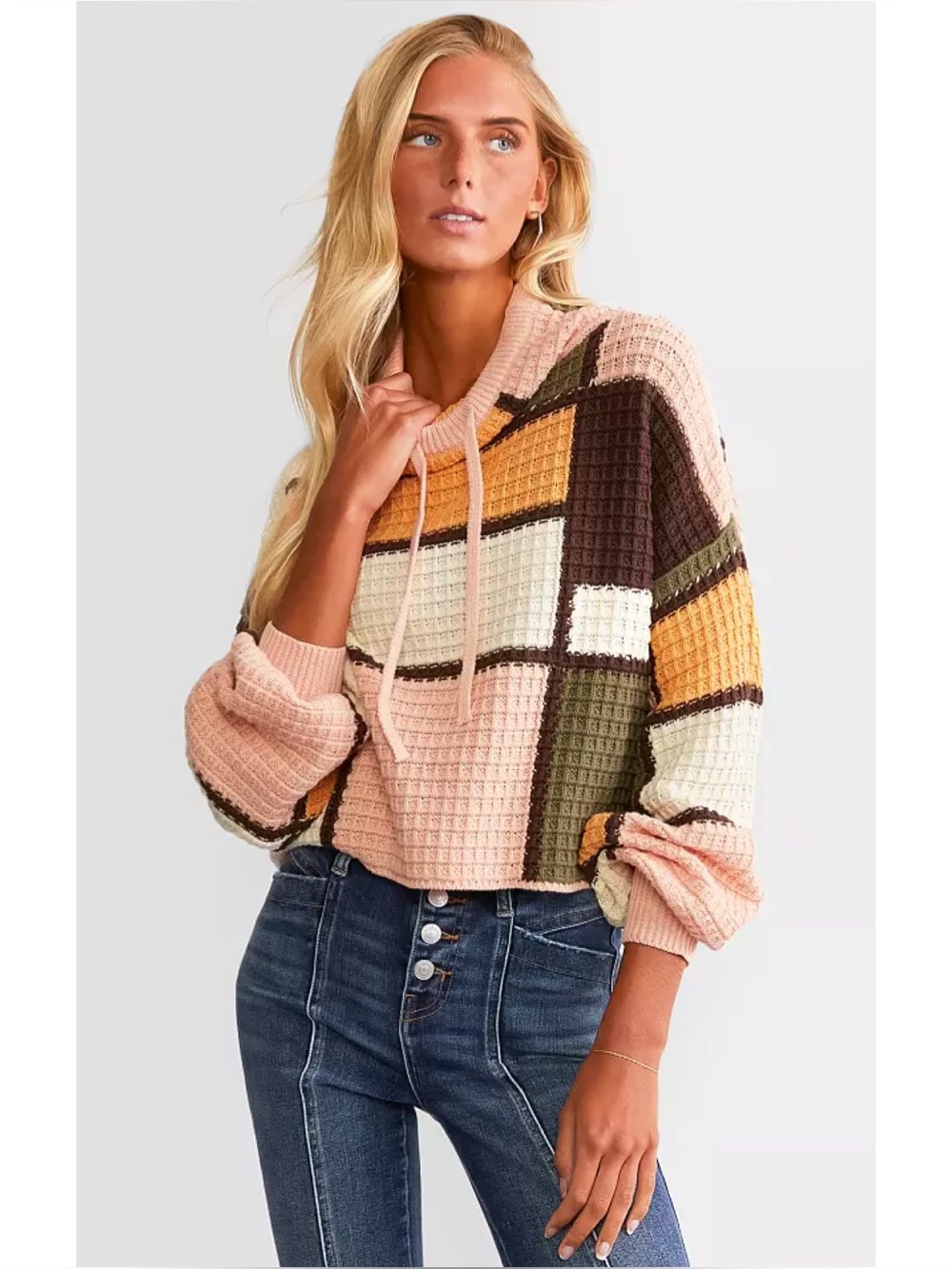 Gilded Intent Buckle Funnel Neck Cropped Checkered Patchwork Sweater